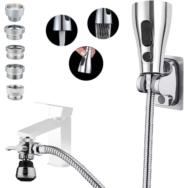 czcpp-Kitchen Faucet Sink Sprayer Attachment Set, Faucet Spray Head Replacement 59’’ Stainless Steel Hose, Faucet Aerator, 3 Way Brass Diverter Valve and 5 PCS Adapters for Kitchen Cleaning, Hair Was