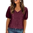 thumbnail image 3 of Laqbezok Women V-Neck Sequin Sparkly Velvet Short Puff Sleeve Party Top Fashion Sparkle Outfit, 3 of 6