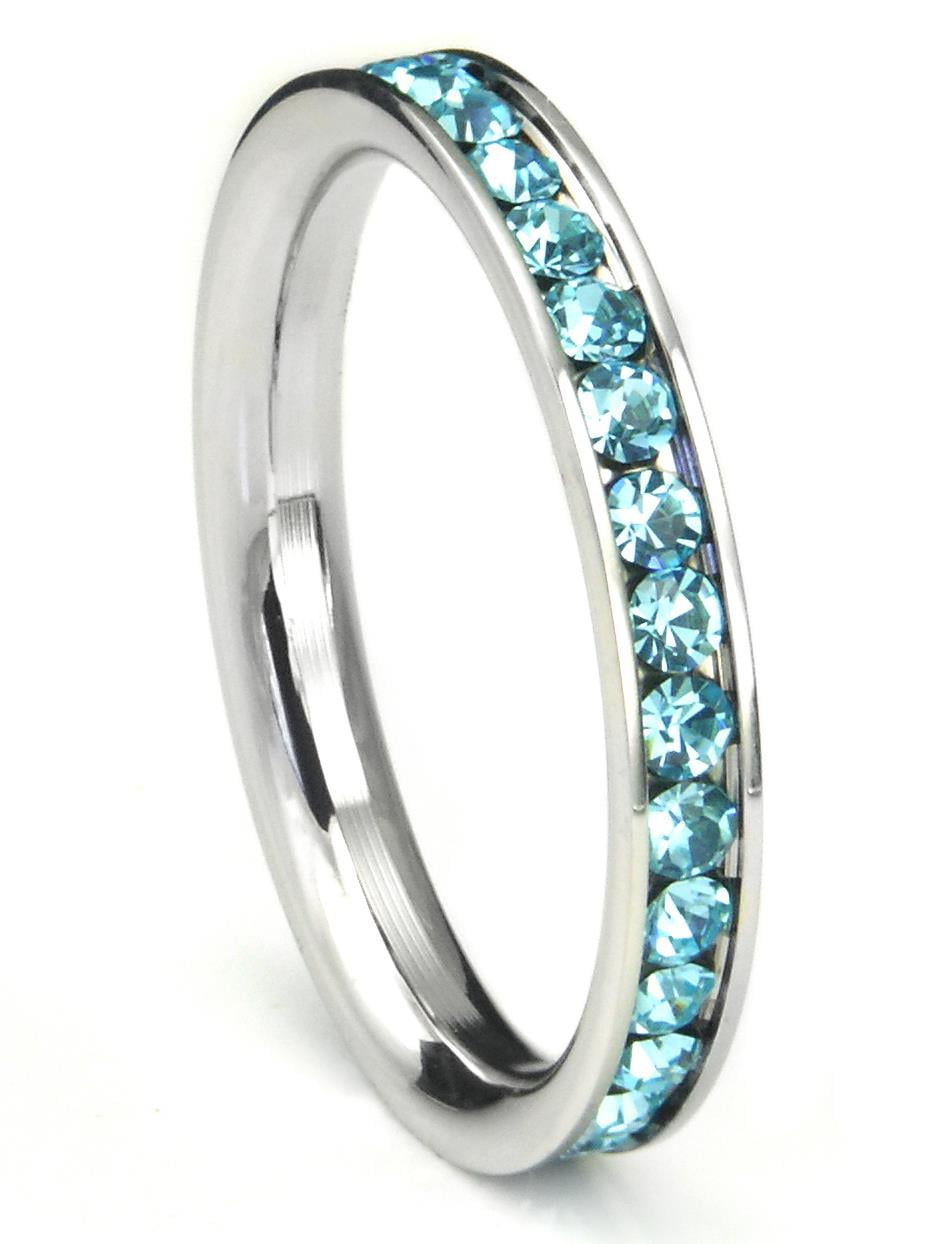 ; Comes with Box 3,4,5,6,7,8,9,10 Stainless Steel Eternity Blue and Clear Cz Wedding Band Ring 3mm 