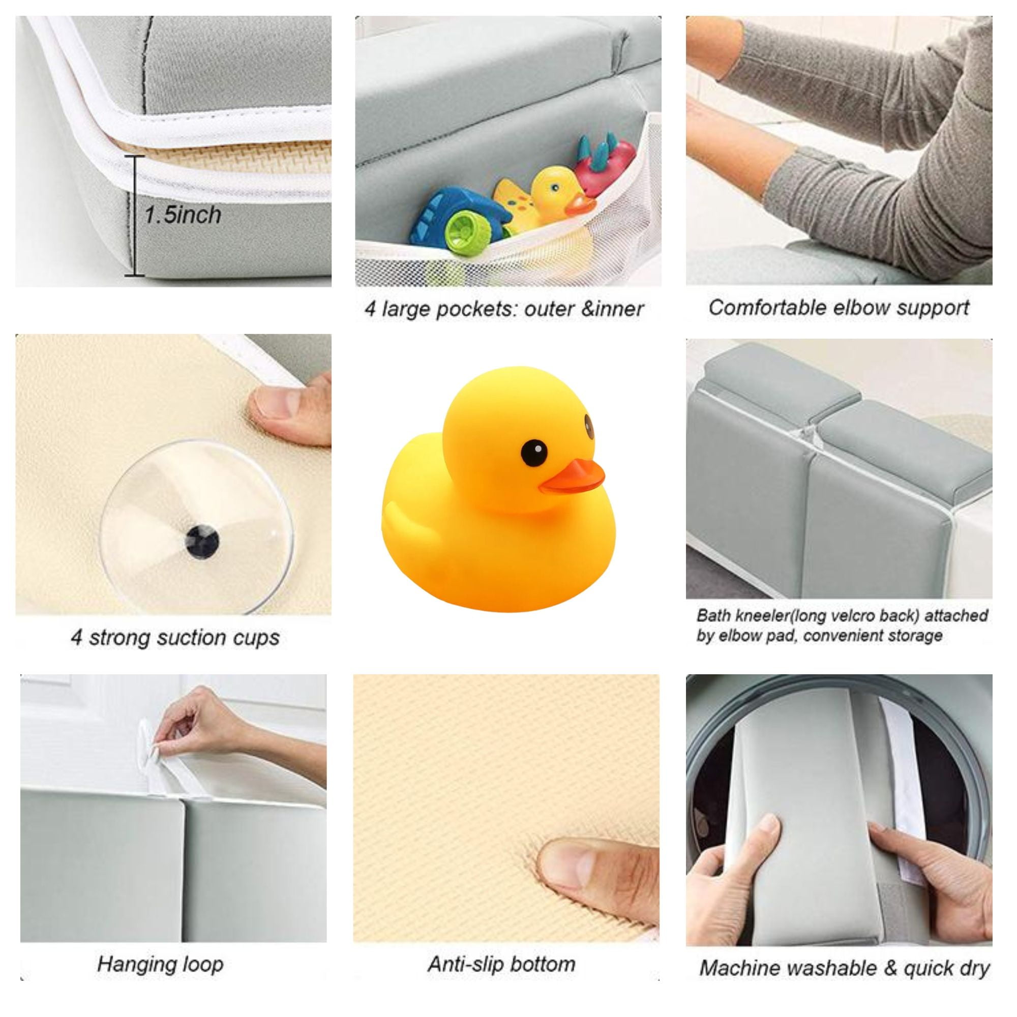 FTCBJJA Baby Bath Kneeler and Elbow Rest Pad Set, Built-In 4 Toys Organizer Pockets, 1.5" Thick Painless Non-Slip Bath Kneeling Mat for bathing baby or pet (Dark Gray)