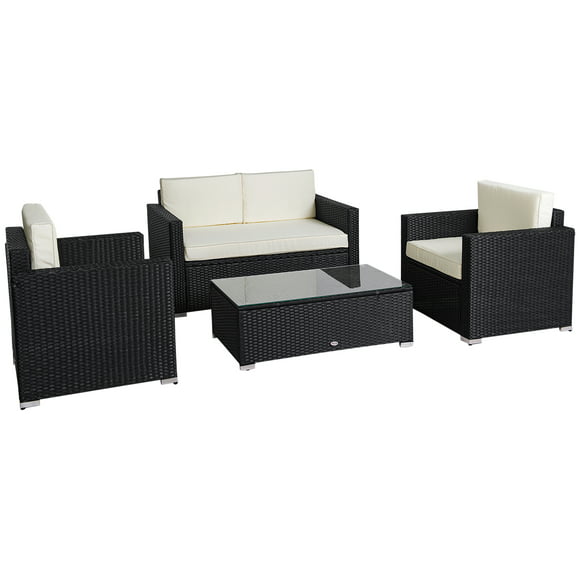 Outsunny 4 Pieces Patio Furniture Set with 4" Thich Cushions, PE Rattan Wicker Outdoor Sectional Sofa Set with Glass Top Coffee Table for Porch, Garden, Poolside, Balcony, Cream White