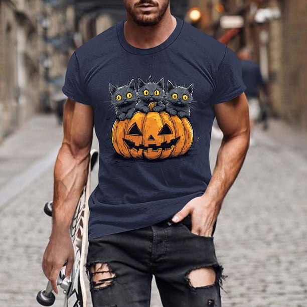 Blusas y camisas de manga corta y cuello redondo para hombre. Blusas/camisetas de manga corta con cuello redondo y estampado de Halloween para hombre. Blusa para hombre.