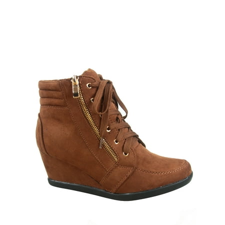 

Peggy-56 Women s High Top Fashion Round Toe Lace Up Wedge Sneaker Shoes ( Brown 6 )