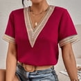 thumbnail image 2 of Blusa de encaje de crochet con escote en V para mujer, blusa informal holgada para citas con estilo, talla M Burgundy Chic, 2 of 5
