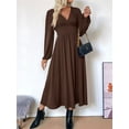 thumbnail image 5 of Pleated Satin Bridesmaid Dress V-Neck Long Sleeve Maxi Dresses for Women Brown L, 5 of 8