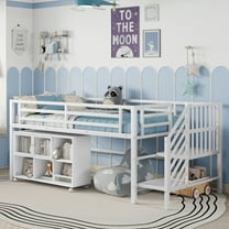 Newest Twin Metal Loft Bed White,Low Profile with Storage Cubby & Stairs, 6 Rolling Bins, Space Saving Design
