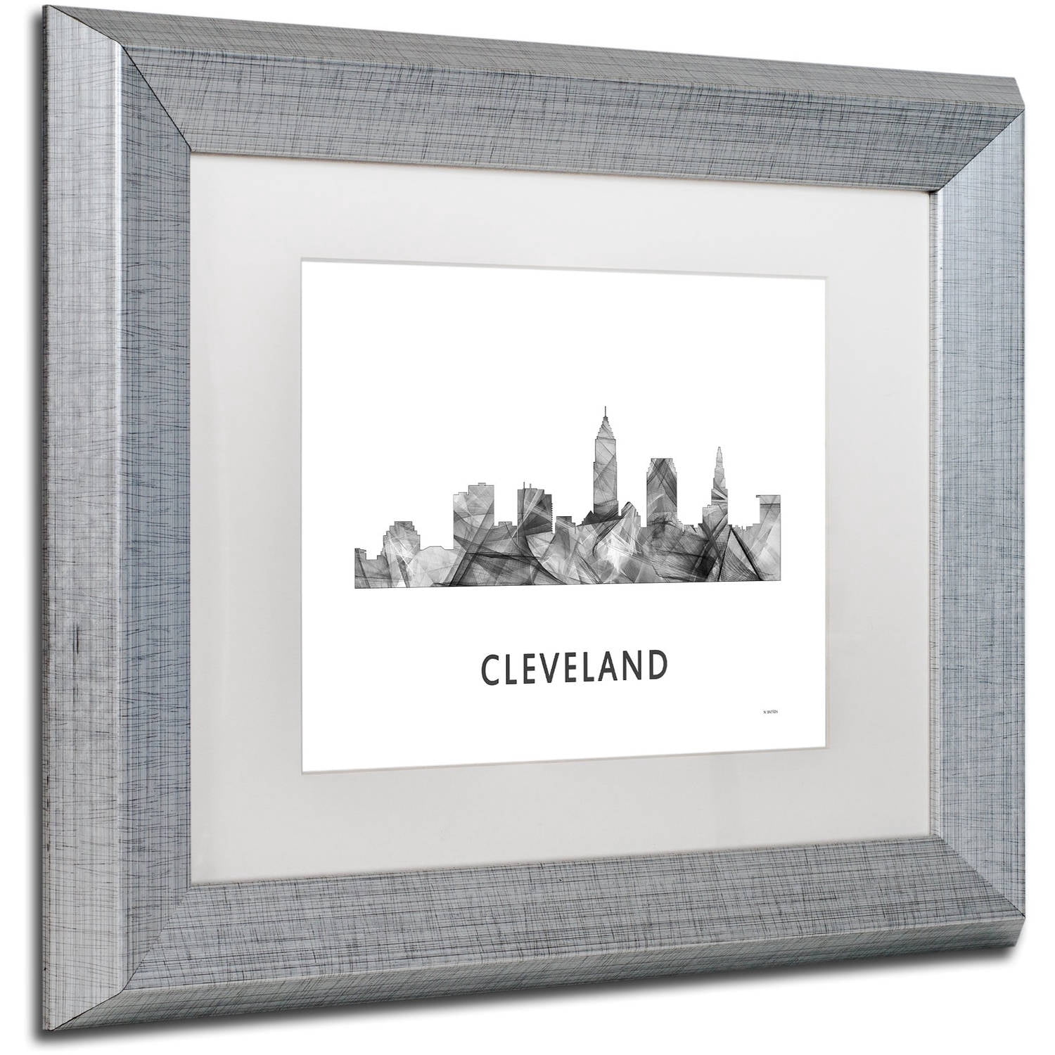 Trademark Fine Art 'Cleveland Ohio Skyline WB-BW' Canvas Art by Marlene Watson, White Matte, Silver Frame