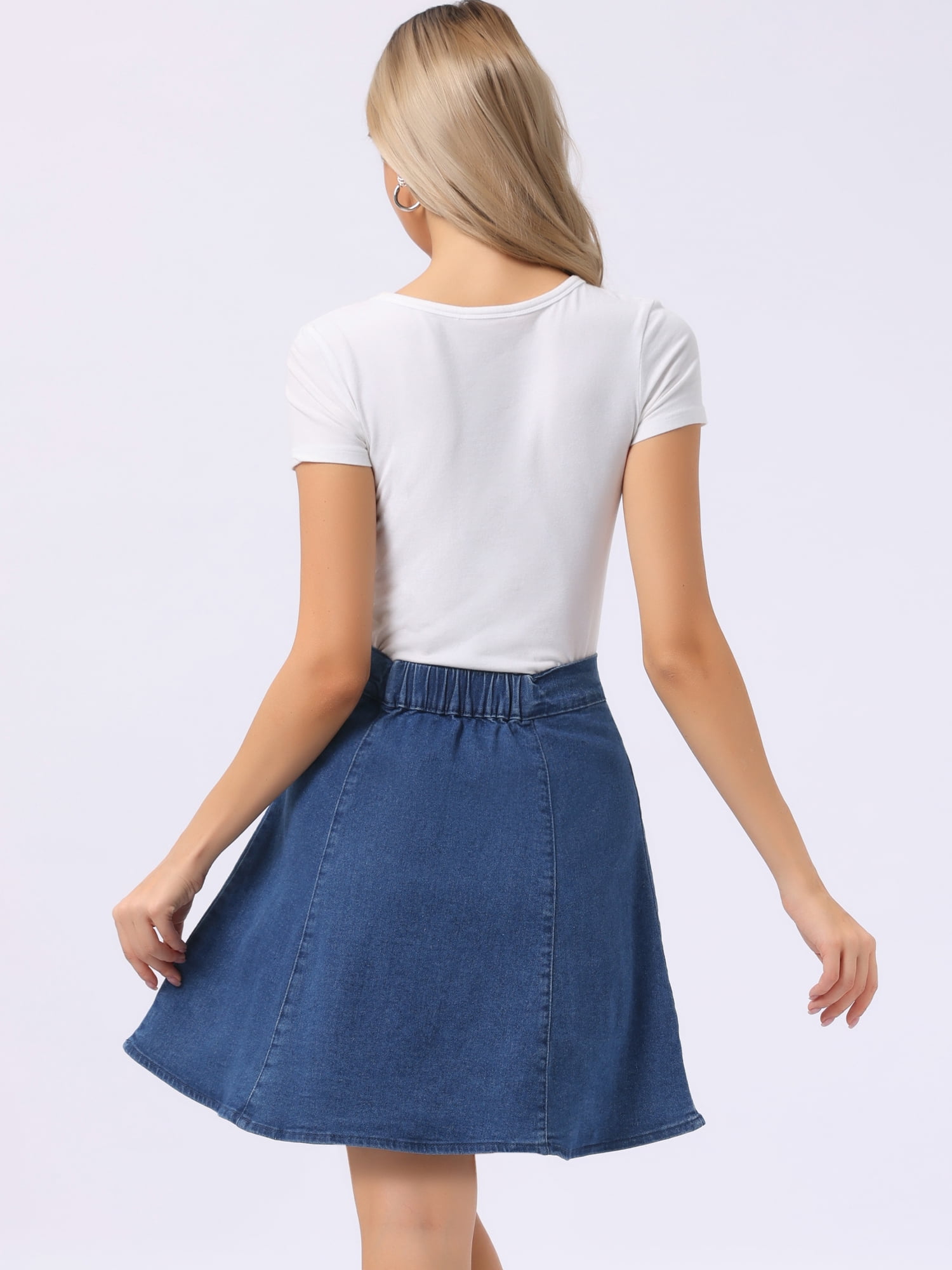 DARING DIVA Women's High Waist Stretch Knee Length Flared Jean Skirts XL Denim Blue