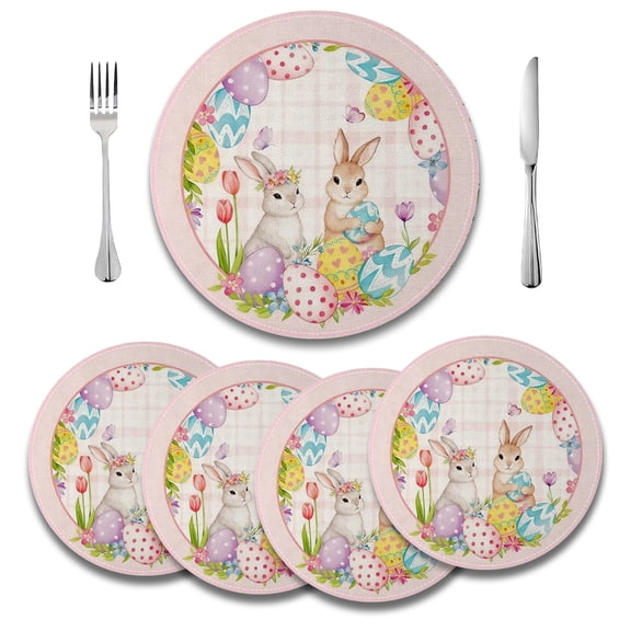MIZHONA Spring Easter Round Placemats Set of 4,Happy Easter Funny Rabbits and Eggs Table Place Mats 14 inch