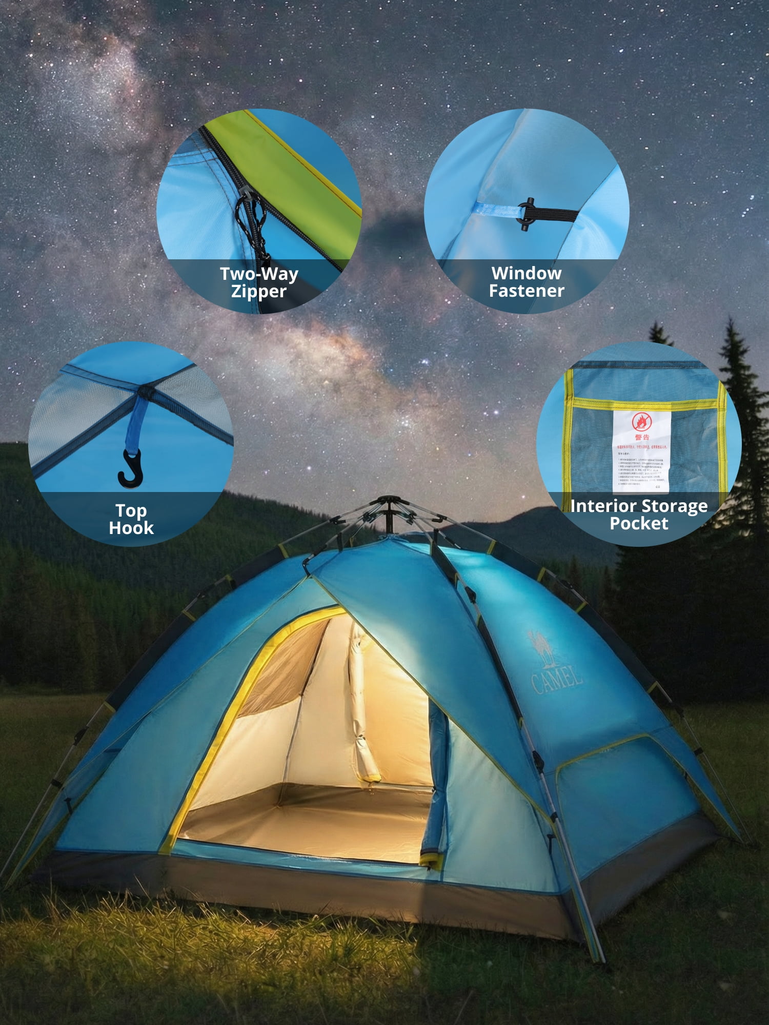CAMEL 3-4 Person Pop Up Dome Tent Waterproof UV-Resistent Shelter 2-in-1 Backpacking Tent Outdoor