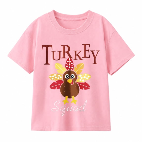 Girls' Thanksgiving Turkey Squad Graphic T-Shirt, 100% Cotton Short Sleeve Shirt