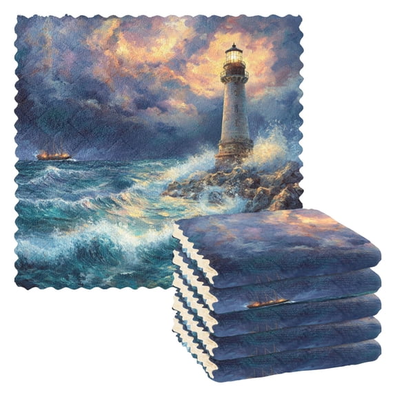 6 Pieces of Kitchen Towels 11x11Inch Kitchen Dish Cloths Kitchen Dish Towels Reuseable Cleaning Cloths Lighthouse at Sea