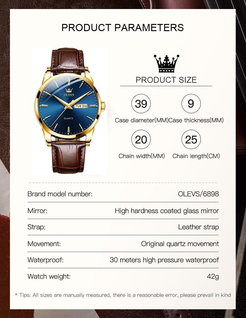 OLEVS Mens Watches,Brown Leather Watch for Men,Gold Case Analog Quartz Fashion Business Dress Watch Day Date Luminous Waterproof Casual Male Wrist Watches Reloj para Hombre