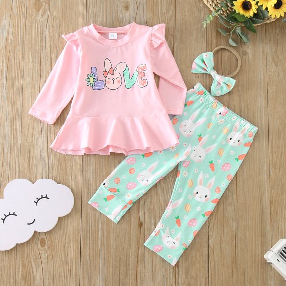Hfolob Toddler Girl Clothes Outfits Long Sleeve Easter Rabbit Prints T Shirt Tops Pants Headbands Cute 2 Piece Outfits 3-6 Months