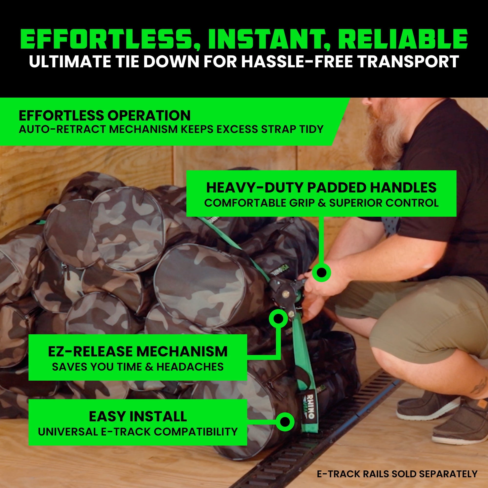 Rhino USA 2" x 10' E Track Retractable Ratchet Tie Down Straps - 3033lb Break Strength (Green 2Pack)