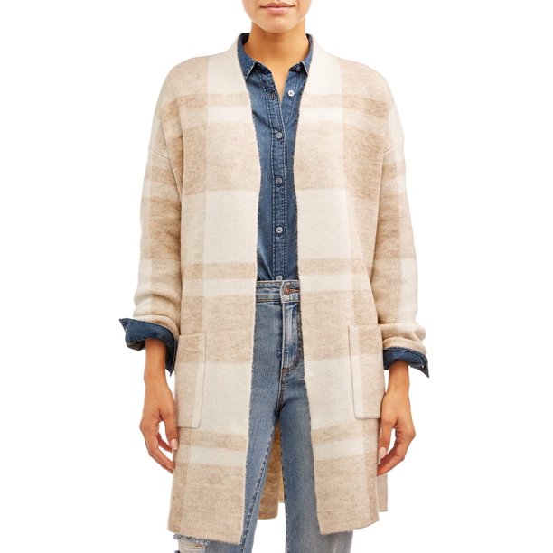 Time and Tru Time and Tru Women's Double Knit Plaid Cardigan