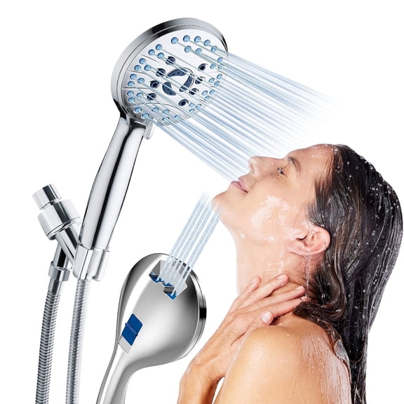 Onekawa High Pressure 7 Functions Handheld Shower Head - Anti-clog Nozzles, Built-in Power Wash to Clean Tub, Tile & Pets, Long 59" Stainless Steel Hose, Overhead Brackets