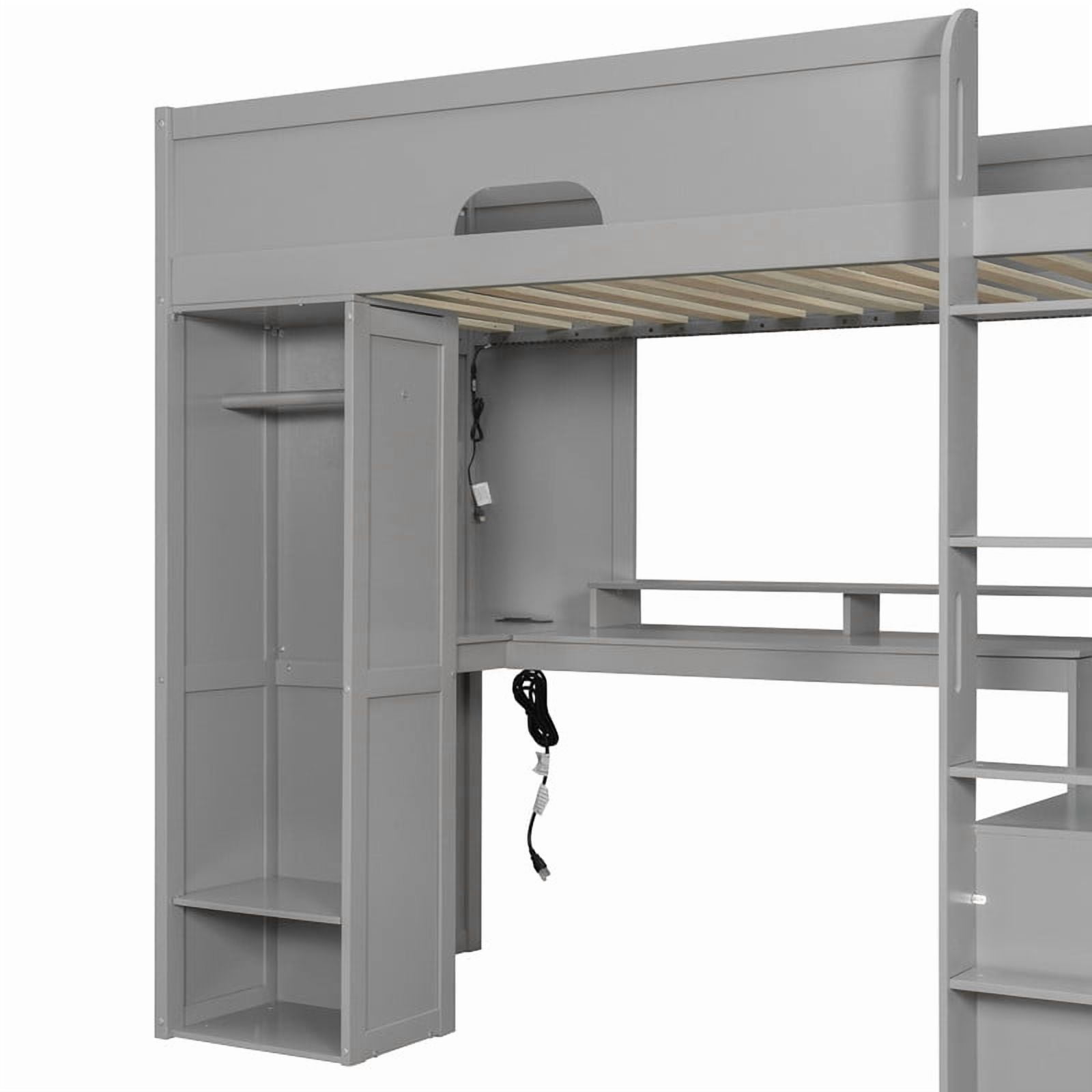 Twin Versatile Loft Bed with L-Shaped Desk, LED Light Strip & Charging Station, Storage Kids Bed Frame with Drawers & Wardrobe