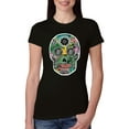 thumbnail image 1 of Day Of The Dead Calavera Skull Colorful Trippy | Womens Pop Culture Slim Fit Junior Tee, Black, Small, 1 of 4