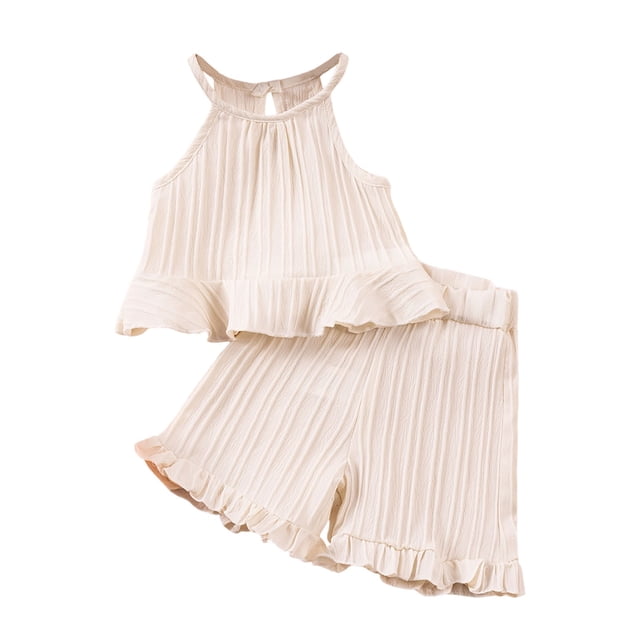 IFNWSV Ensembles d'Été pour Filles Mode Décontractée Short Sans Manches Col Rond Bouton Couleur Unie Ensembles de Shorts 1 An