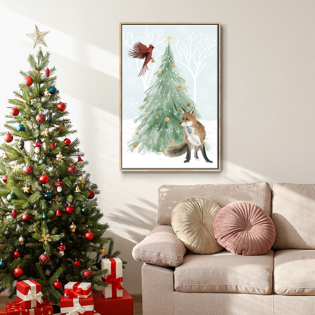 Christmas in the Forest Collection B - Framed Gallery Wrapped Holiday Canvas - 25 x 37 - Natural Wood Frame
