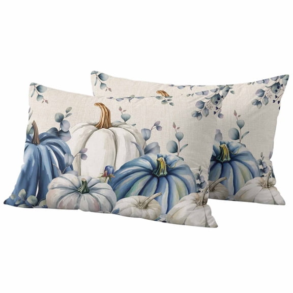 Lumbar Pillow Covers 12 x 20 Inches, Blue Pumpkins Fall Waterproof Throw Pillow Cover Set of 2, Thanksgiving Eucalyptus Leaf Rustic Decorative Rectangle Cushion Covers for Patio/Tent/Couch/Garden