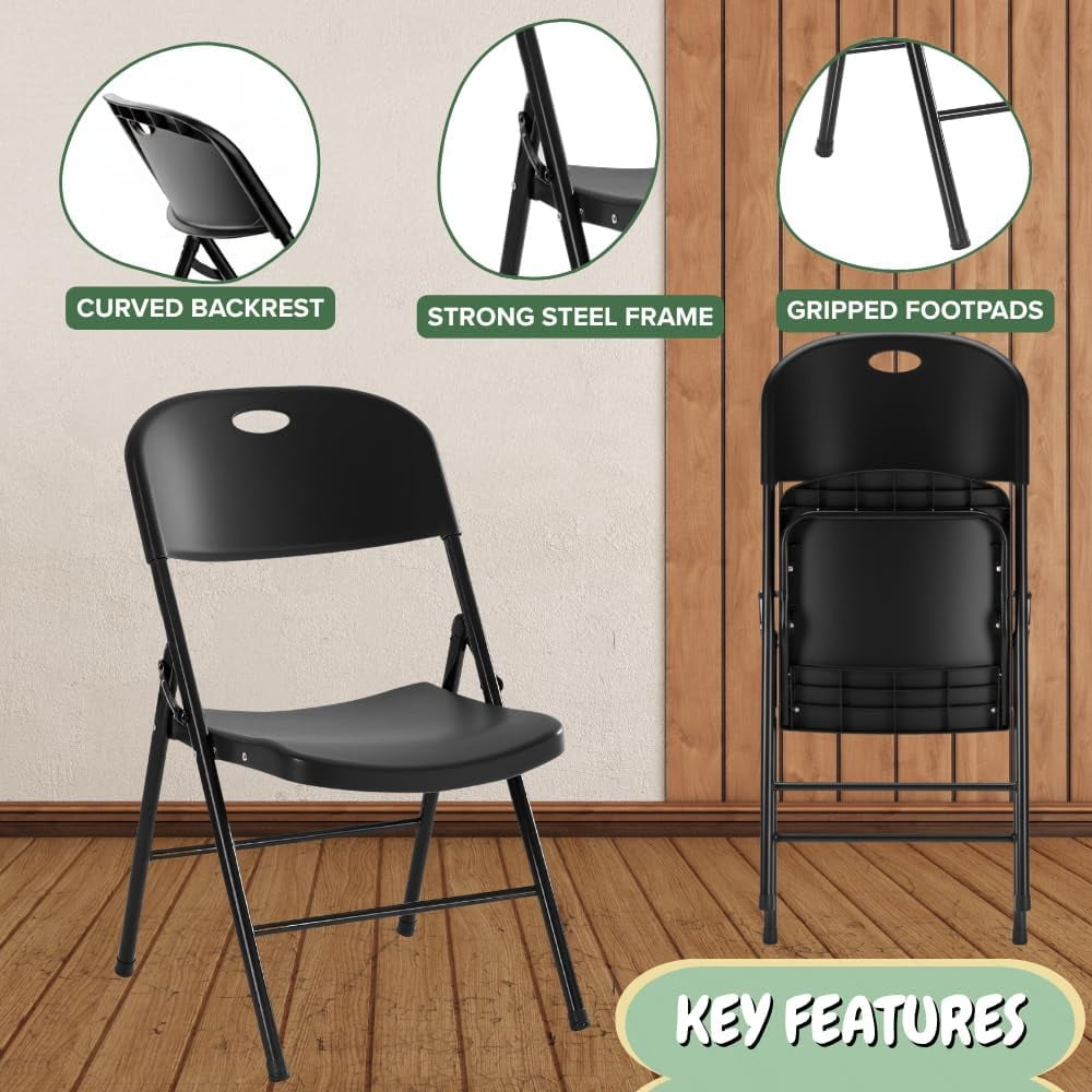 CYCLONE S·O·U·N·D Heavy Duty Plastic Foldable Chair for Adults, Portable Folding Chair for Patio, Backyard, Party, or Wedding — Comfortable Stackable Outdoor Chair, Black (8 Pack)