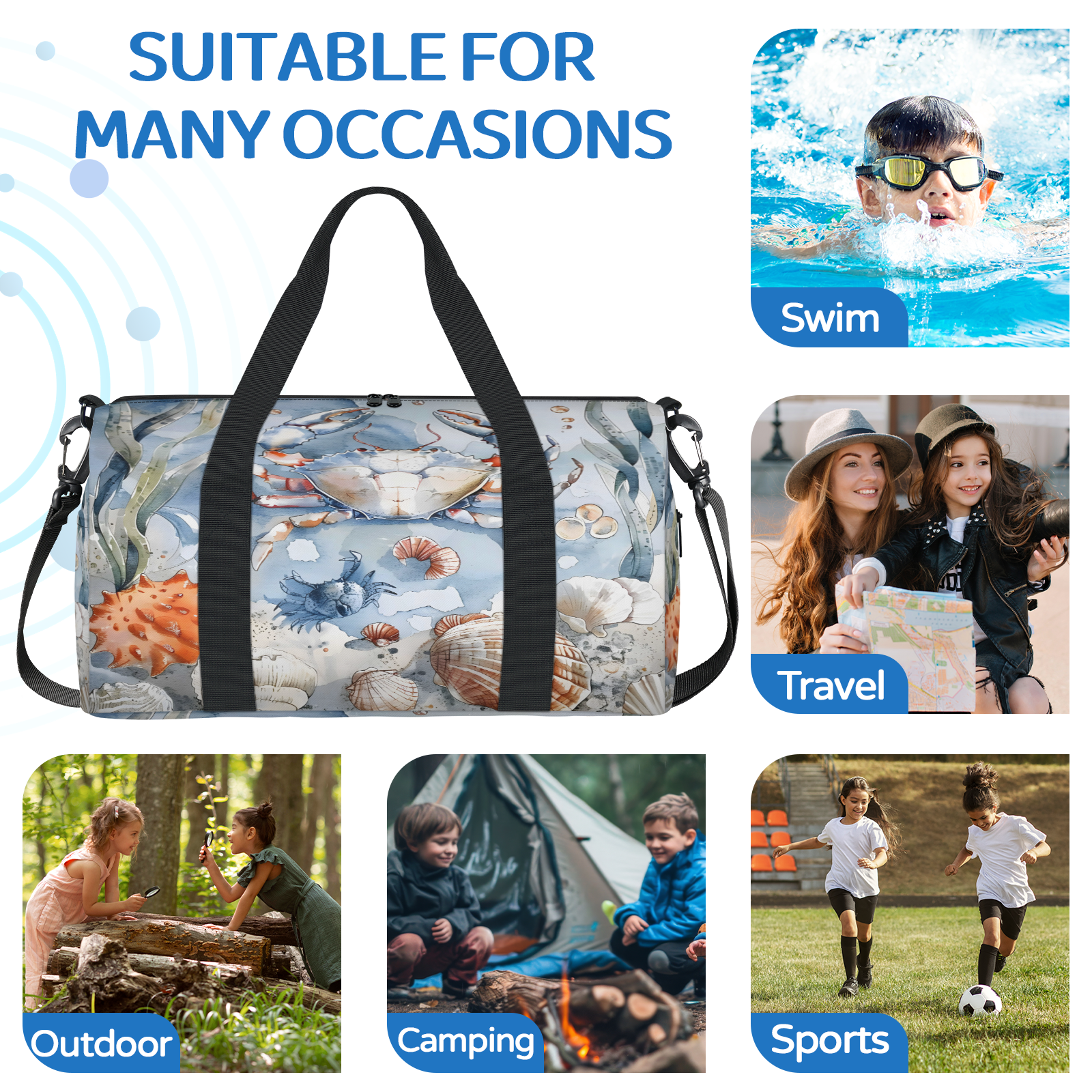 Herdesigns Nautical Coastal Crab Starfish Seashell Gym Bag for Women, Duffle Bag for Travel Sport, Lightweight Waterproof Carry on Weekender Overnight Dance Yoga Workout Bags