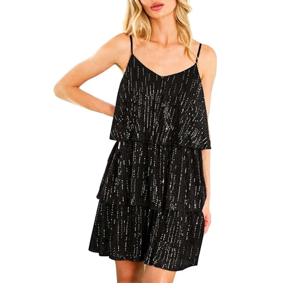 Coduop Women Sparkly Sequin Tiered Mini Dress Sleeveless Spaghetti Strap Backless Party Dress