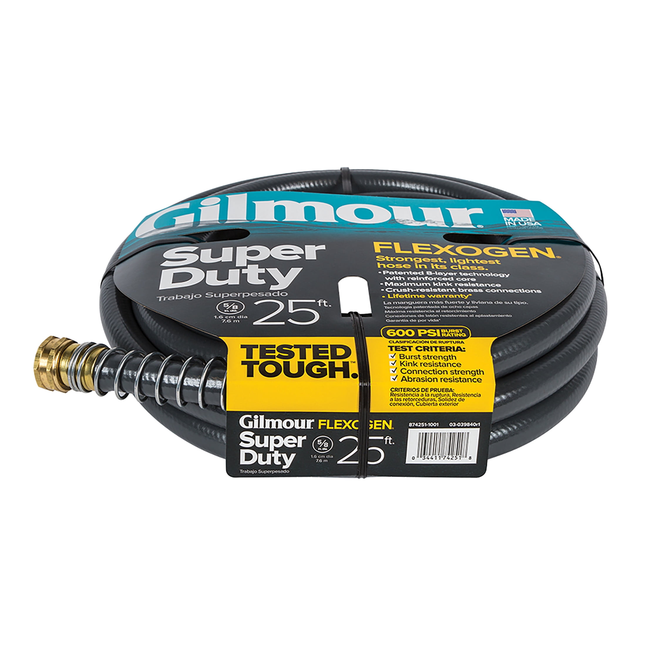 Gilmour Heavy-Duty Garden Hose, 5/8" x 25', 600 PSI, 8-Layer Construction, Kink-Resistant Design with Brass Couplings
