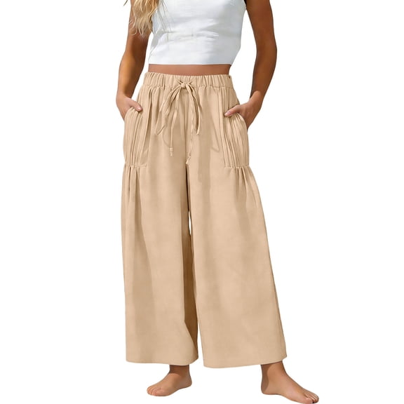 aohooy Women's Pants Linen Wide Leg Flowy Palazzo Casual Elastic Waist Drawstring with Pockets Loose Summer Beach Vacation Pant Khaki,S