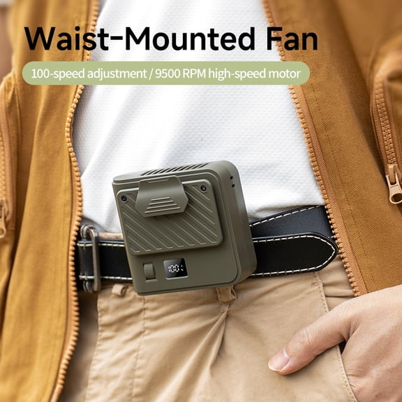 Portable Outdoor Waist Fan, 100-Speed Adjustable, 9500 RPM High-Speed Motor, 3000mAh Battery, USB Rechargeable Personal Cooling Fan with LED Display for Work, Hiking, Camping
