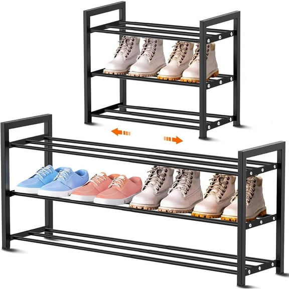 Expandable Shoe Rack Small Shoe Storage Narrow Shoe Racks Metal Show Rack Slim Shoe Shelf for Entryway Wardrobes Small Space,Free Standing Extendable Adjustable Shoes Rack for Closet (Black, 2 Tier)