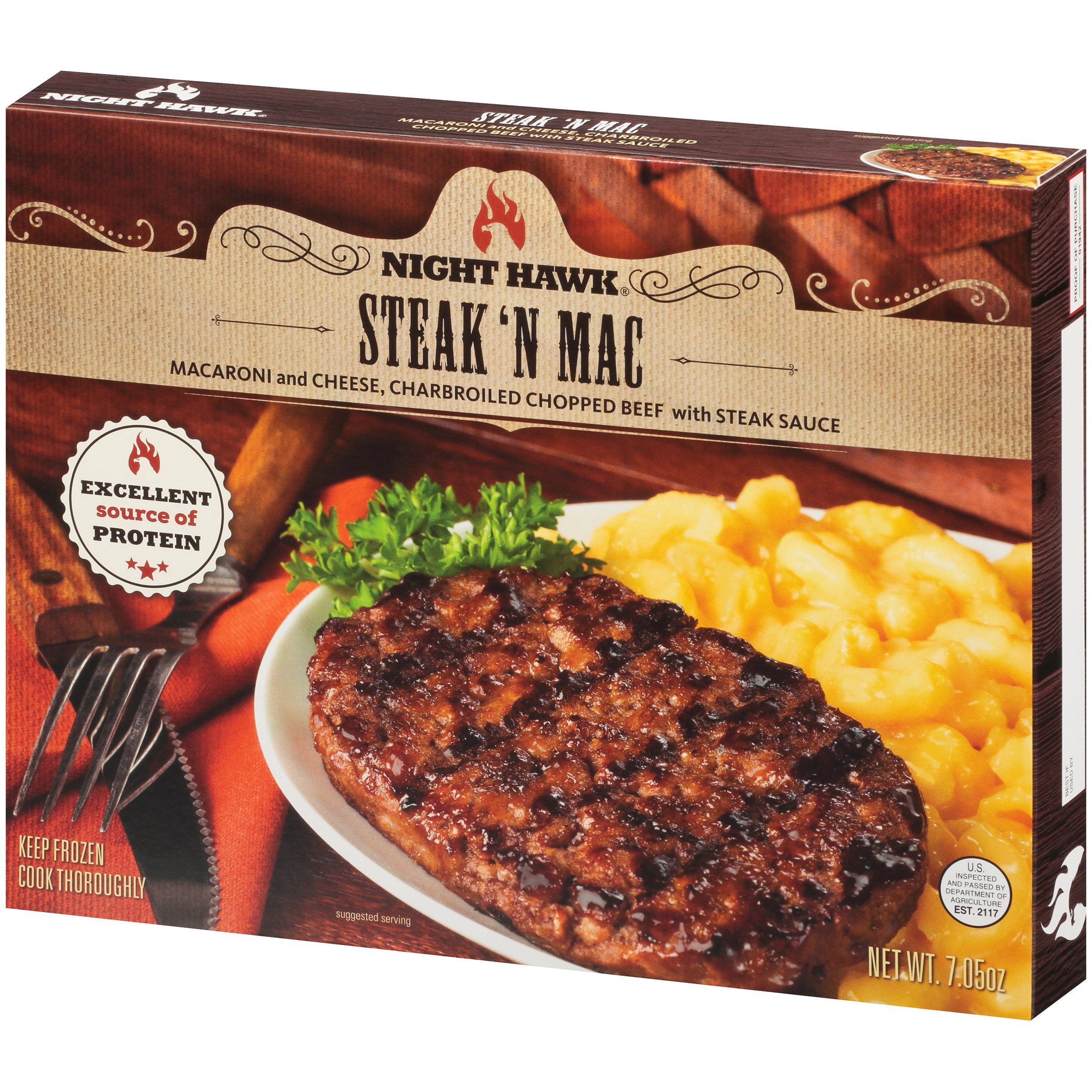 Night Hawk Steak 'N Mac Meal 7.05 oz. Box Frozen Meal Full Single Serve Contains: Milk, Soy, & Wheat