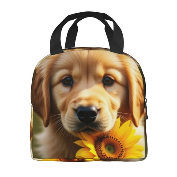 Portable Lunch Bag Insulated Golden Retriever Puppy With Sunflower Lunch Box Reusable Tote Bag Unisex for Work, Travel, Picnic, Office, Camping, Hiking, Picnic, Beach