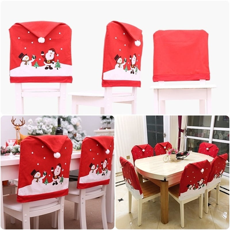 Dinner Seat Chair Back Cover Slipcover Gray Santa Clause Hat for Dinner Table/Chair Party Xmas Festive Decoration Gift Set 4pcs Christmas Chair Covers 