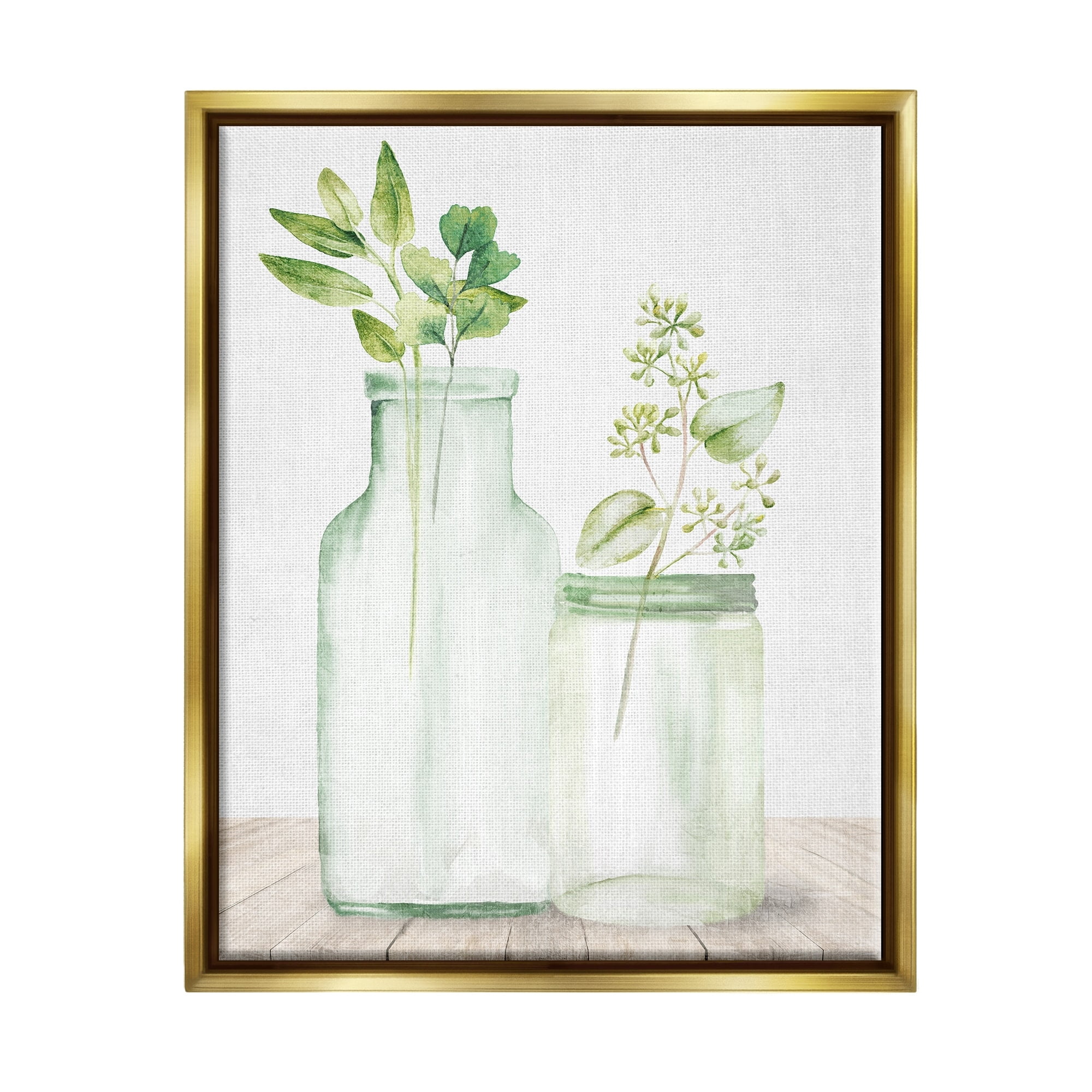 Stupell Industries Herbal Plant Sprigs Country Glass Jars Rustic Painting Graphic Art Metallic Gold Floating Framed Canvas Print Wall Art, Design by Kim Allen