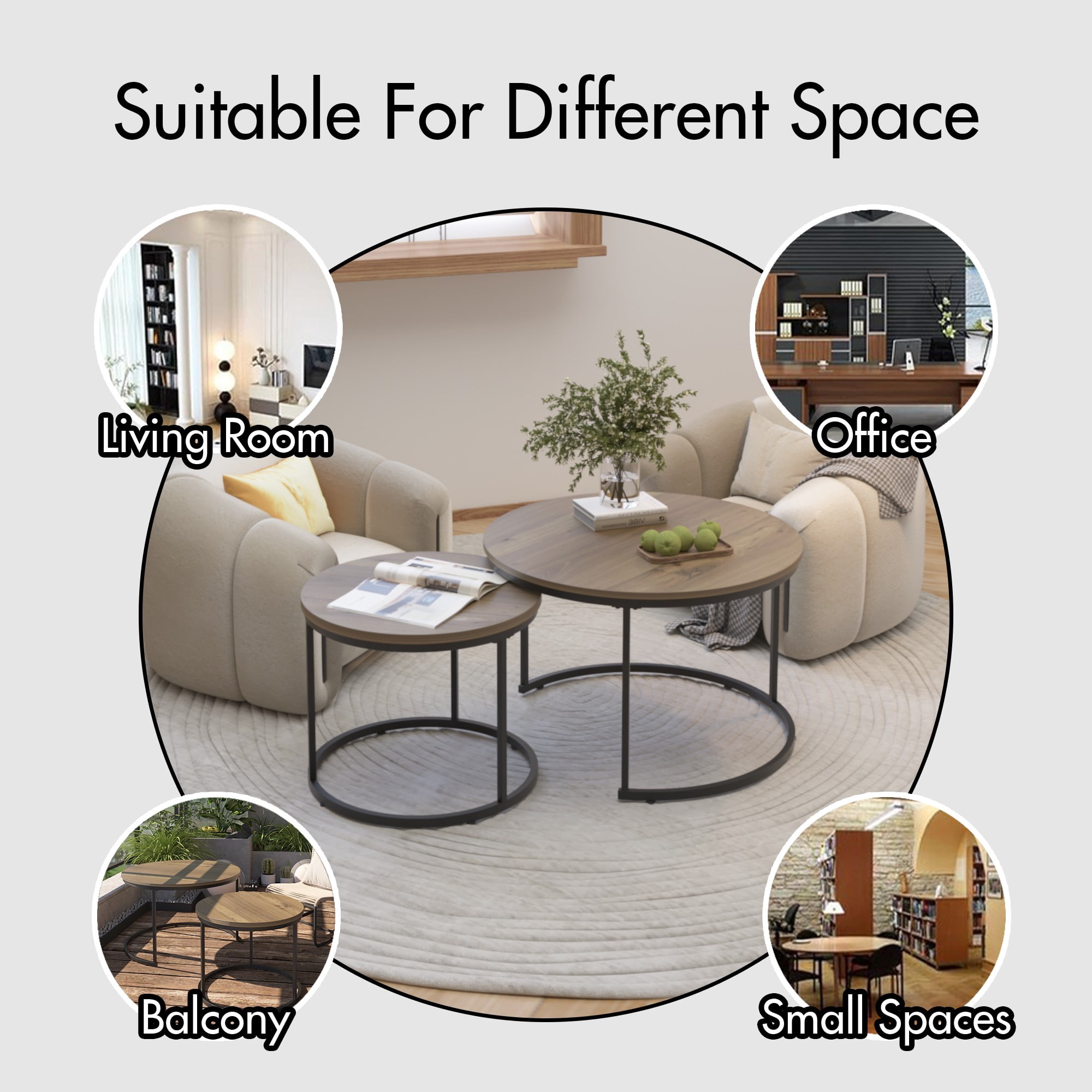 Coffee Table Set of 2,27.6 inch Round Coffee Table with Sturdy Metal Frame,End Table Side Tables for Living Room Bedroom,Brown