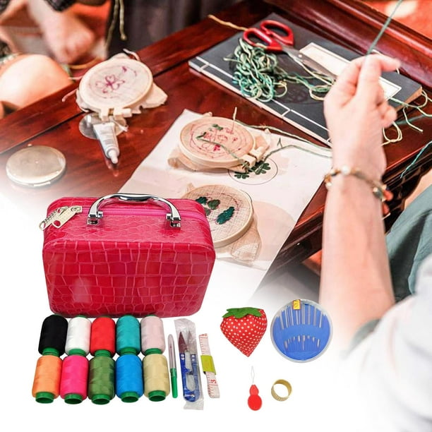 Sewing Supplies Organizer Sewing Accessories Storage Bag Exquisite Pins PU  Leather Thread Sewing Box for Clothes Mending Embroidery Handwork Rose Red