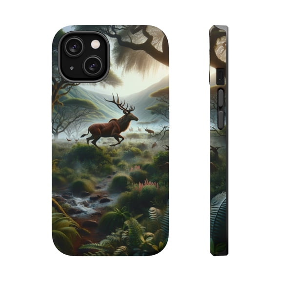 DistinctInk Tough Case for Apple iPhone 14 (6.1" Screen), Compatible with MagSafe Charging - "Majestic Mythical Deer: Enchanting Forest of Whimsical Wildlife"