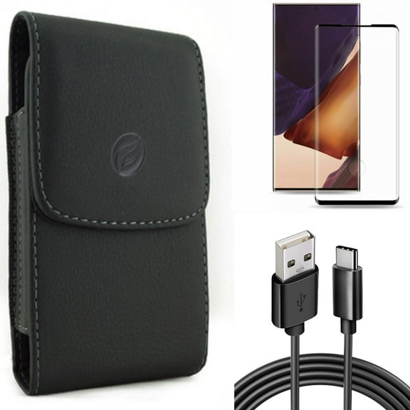 Case Belt Clip & 6ft USB Cable & Screen Protector for Samsung Galaxy Note 20 Ultra (6.9") - Combo with Leather Holster & Type-C Charger Cord & Tempered Glass (Fingerprint Unlock)