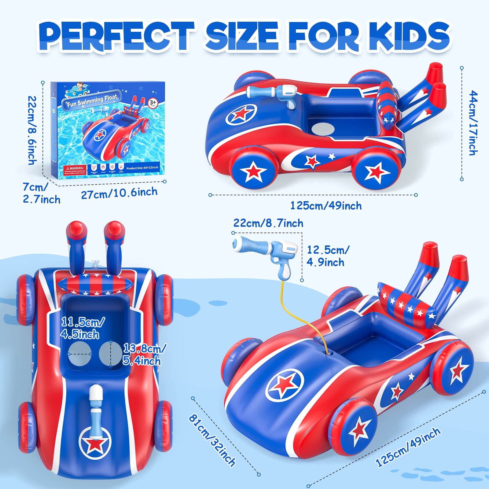 Kids Pool Floats with Water Gun, Car Toddler Inflatable Pool Toys for Kids Age 3-8 Years Old, Summer Outdoor Water, Beach, Swimming Pool Toys Gift