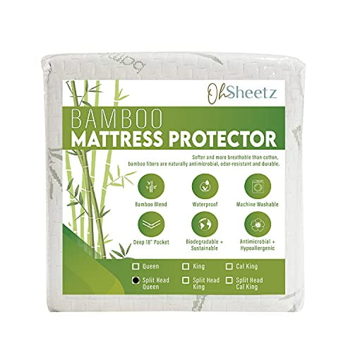 Oh Sheetz Bamboo Mattress Protectors - Quilted Fitted Mattress Protector - Mattress Cover Stretches Up to 18 Inches Deep - Waterproof and Machine Washable - (Bamboo Top-Protection, Split Head Queen)