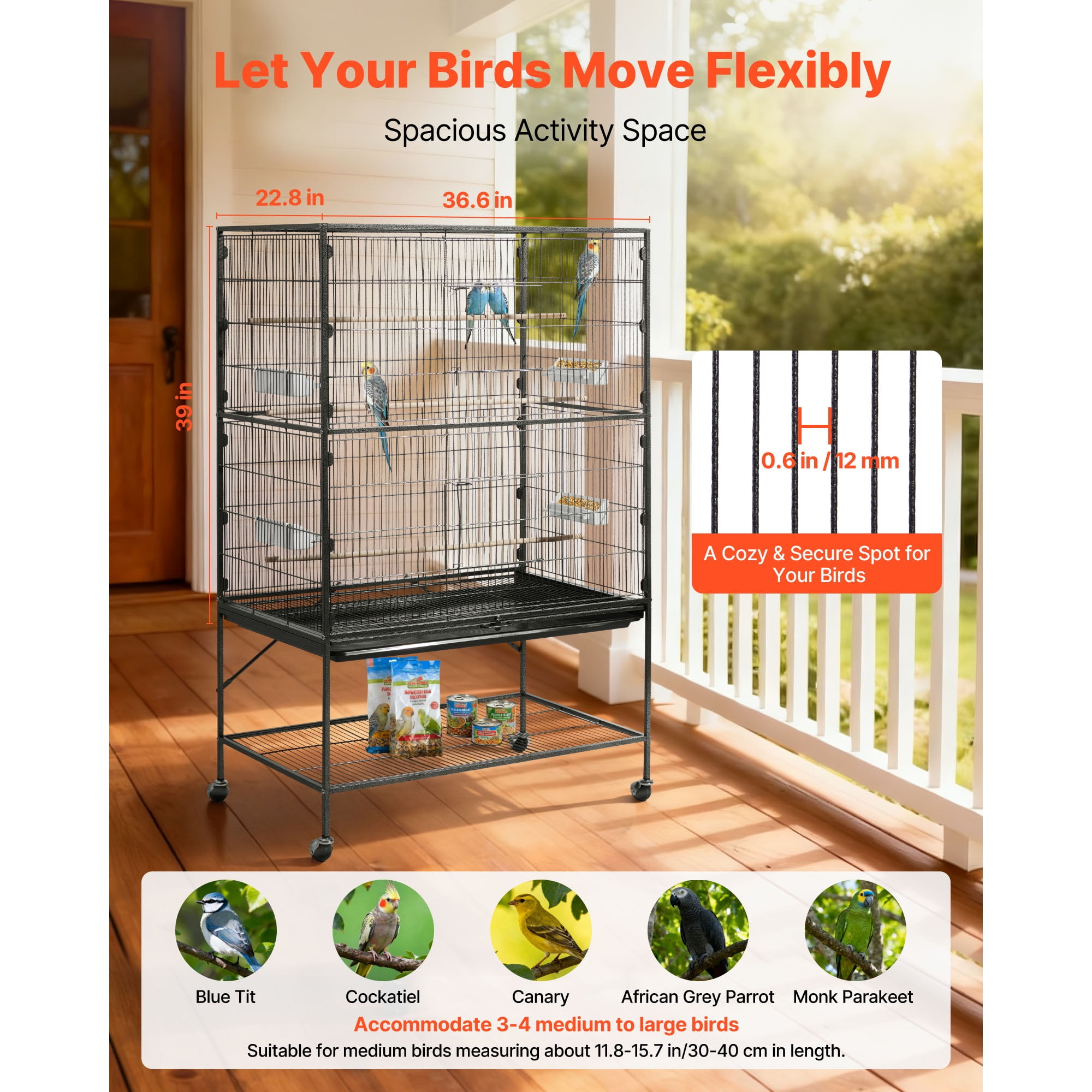 KFFKFF Spacious Bird Cage, 36.6 x 22.8 x 59.5 inch, Flat Top Design, Durable Wrought Iron Construction with Perches, Removable Tray, and Plastic Feeders, Suitable for Various Bird Species