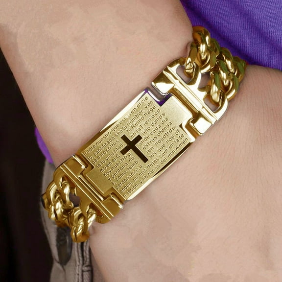 Lordgold Mens 14K Yellow Gold Bracelet Gold Color Cuban Chain Jesus Cross Bracelet Man High Quality Jewelry Male Birthday Gift