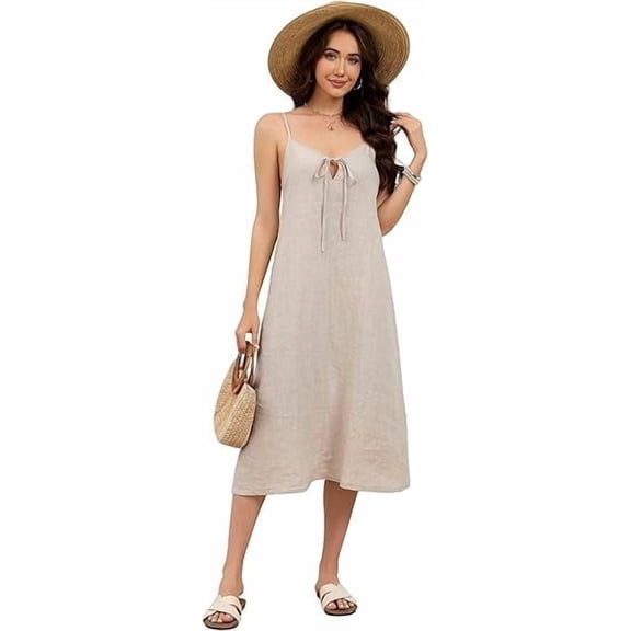 Fiophy 100% Linen Dress V Neck Tie Front Sleeveless Spaghetti Strap Summer Casual Midi Summer Beach Dresses,Flax, L