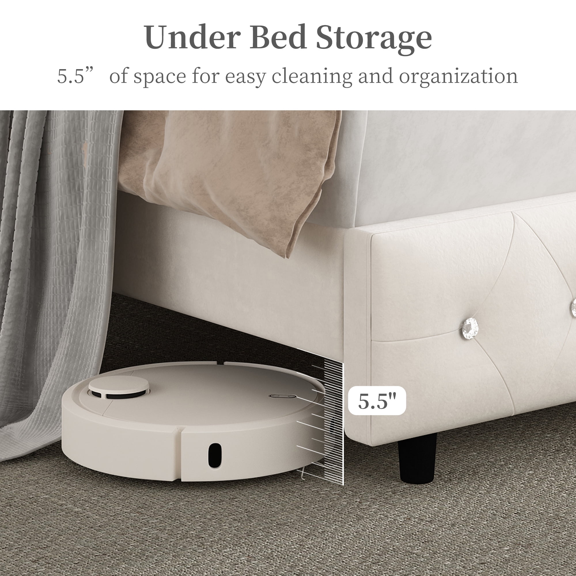 SIBEDS King LED Bed Frame with 52" Crystal Button Tufted Upholstered Headboard, Galaxy Projector & Charging Station, No Box Spring Needed, Velvet Cream