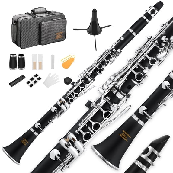 Eastar Bb Clarinet for Beginner Students – 17-key Ebonite Construction with 2 Barrels, 3 Reeds, Stand, Gloves, and Hard Case