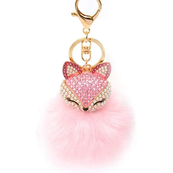 Fox Keyring Drill Rhinestone Pendant Pompom Decoration Hanging Keychain Crystal for Wallet(light pink)