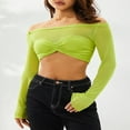 thumbnail image 4 of Women Off Shoulder Long Sleeve Top Mesh Ruched Slim Fit Crop T Shirt Sheer Blouse, 4 of 5